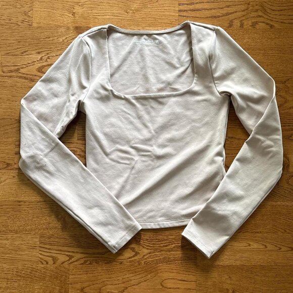 abercrombie shirt seamless long sleeve top tan beige xs soft fitted square neck - Picture 1 of 5